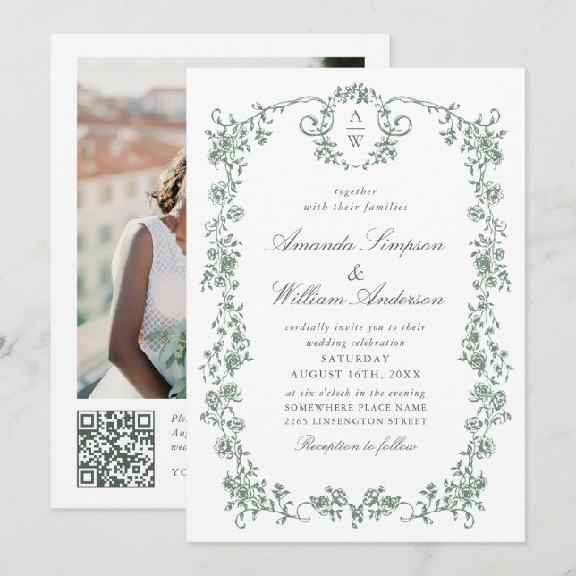 Invitation Victorian Ornate Grace Green Photo Code QR Mariage (Devant / Derrière)