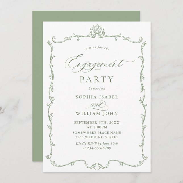 Invitation Victorian Ornate Grace Sage Green ENGAGEMENT PARTY (Devant / Derrière)