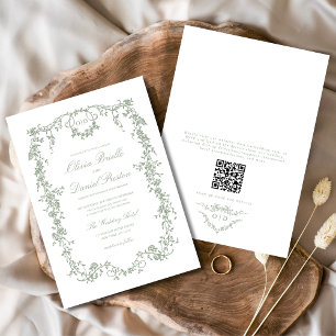 Invitation Victorian Sage Green QR Code Floral Mariage