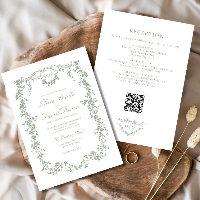 Invitation Victorian Sage Green QR Code Floral Mariage (Créateur téléchargé)