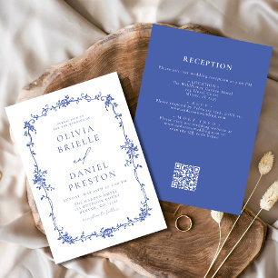 Invitation Victorian Vintage QR Code Blue Floral Mariage