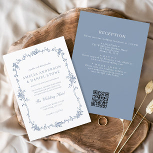Invitation Victorian Vintage QR Code Blue Floral Mariage