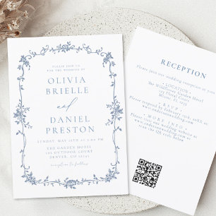 Invitation Victorien Français QR Code Blue Vintage Wedding