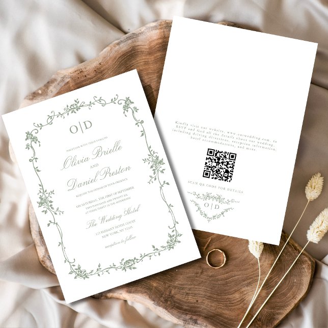 Invitation Victorien français QR Code Sage Mariage vert (Créateur téléchargé)