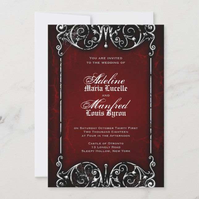 Invitation Victorien gothique Éffrayant rouge, noir et blanc  (Devant)