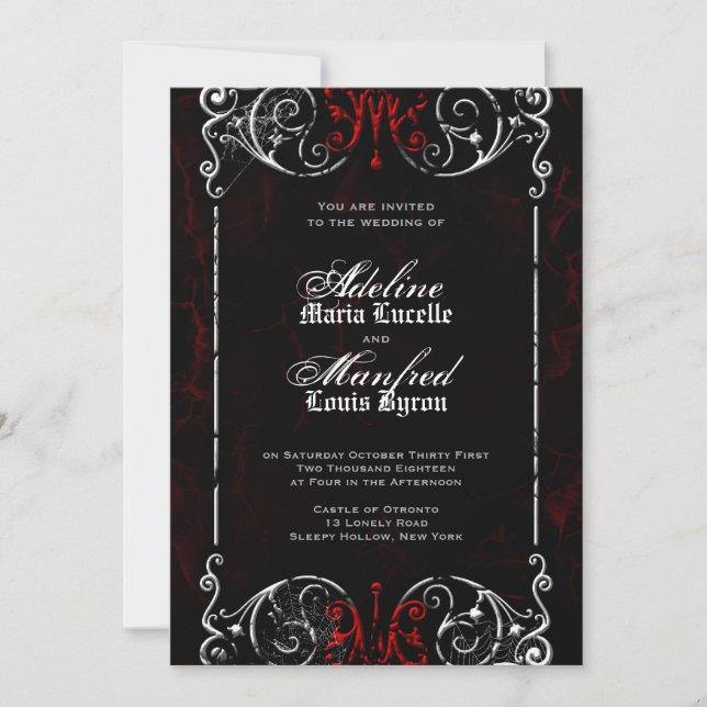 Invitation Victorien gothique Éffrayant rouge, noir et blanc  (Devant)