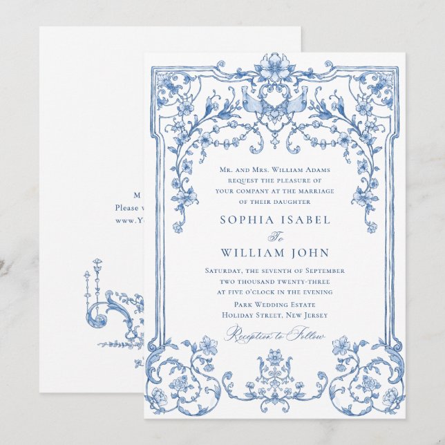 Invitation Victorien Ornate Grace Floral Dusty Mariage bleu (Devant / Derrière)