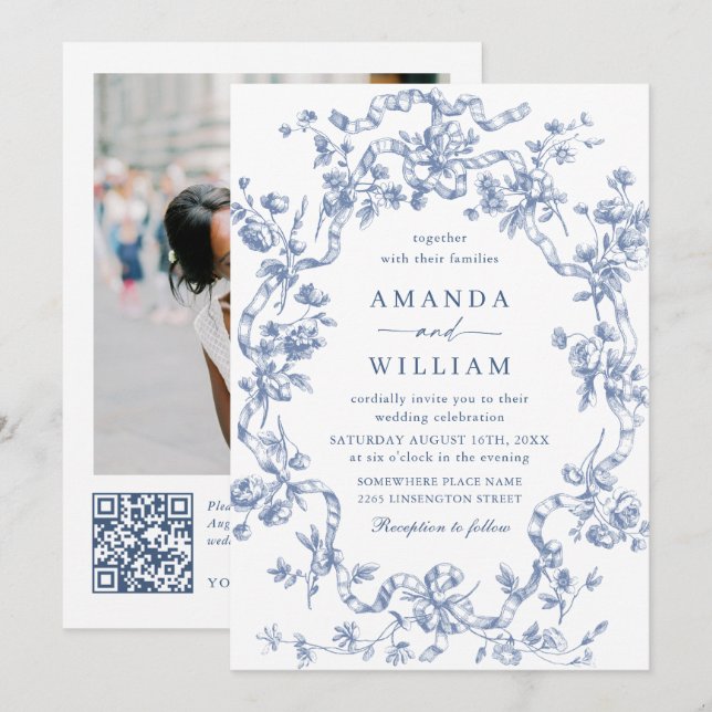 Invitation Victorien Ornate Grace Floral Dusty Mariage bleu (Devant / Derrière)