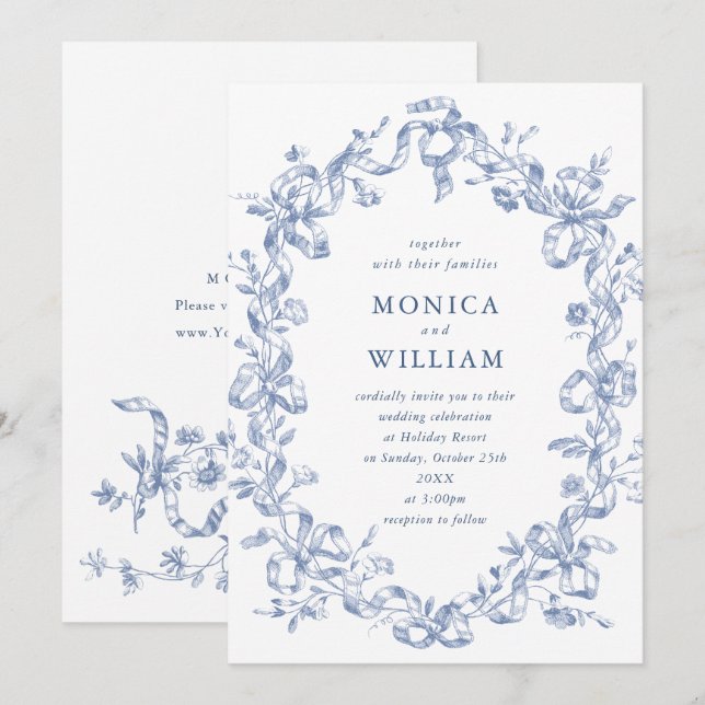 Invitation Victorien Ornate Grace Floral Dusty Mariage bleu (Devant / Derrière)