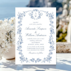 Invitation Victorien Ornate Grace Floral Dusty Mariage bleu