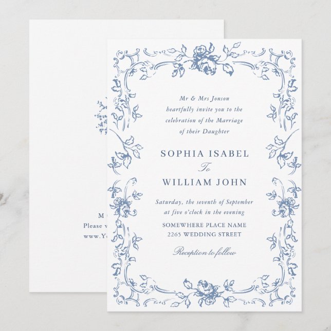 Invitation Victorien Ornate Grace Floral Dusty Mariage bleu (Devant / Derrière)