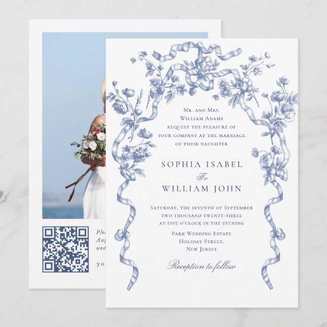 Invitation Victorien Ornate Grace Floral Dusty Mariage bleu (Devant / Derrière)