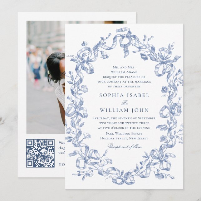 Invitation Victorien Ornate Grace Floral Dusty Mariage bleu (Devant / Derrière)