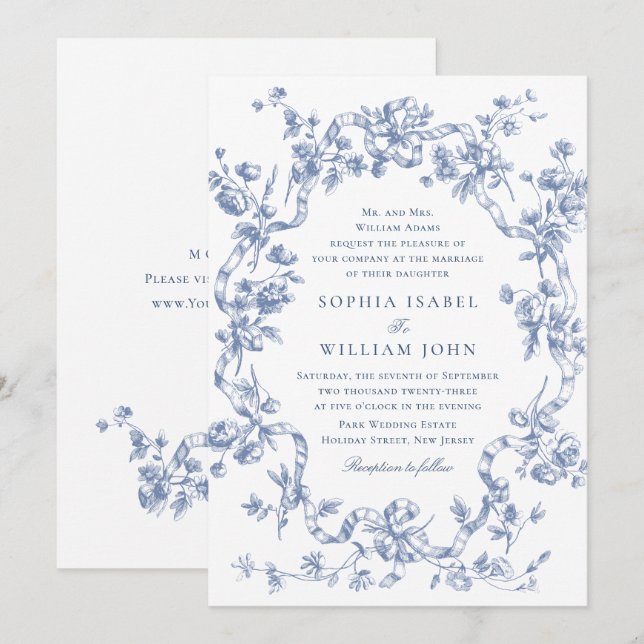 Invitation Victorien Ornate Grace Floral Dusty Mariage bleu (Devant / Derrière)