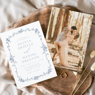 Invitation Victorien Vintage Français Photo Mariage bleu