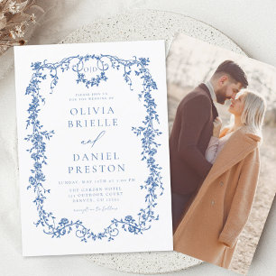 Invitation Victorien Vintage Français Photo Mariage bleu