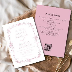 Invitation Victorien Vintage QR Code Pink Floral Mariage