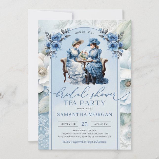Invitation Victorienne marine et sage fête du thé (Devant)