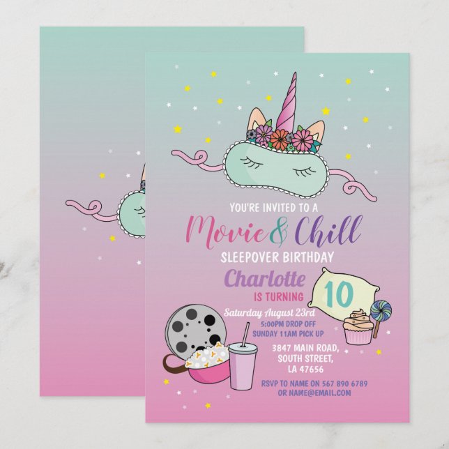 Invitation Vidéo et frissons Anniversaire de l'Unicorne Slepo (Devant / Derrière)
