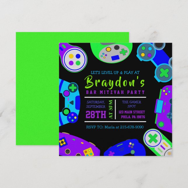 Invitation VIDÉO JEU JEU Bar Mitzvah Soirée (Devant / Derrière)
