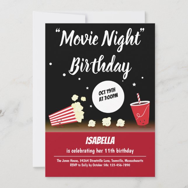 Invitation Vidéo Nuit Anniversaire Popcorn Boire Noir Rouge (Devant)