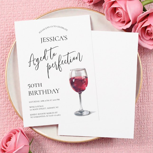 Invitation Vieilli à la Perfection Étiquette de Vin Fête d'an (Aged to Perfection Script Wine 50th Birthday Party Invitation)