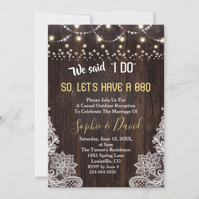 Invitation Vielle grange Rustique dentelle lumières I DO BBQ (Devant)