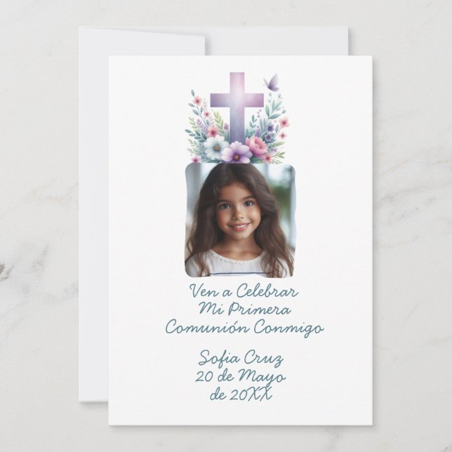 Invitation Viens Célébrer Ma Première Communion avec Photo Fl (Devant)