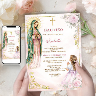 Invitation Vierge Guadalupe Baptême Fille Roses Roses Or