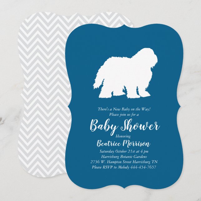 Invitation Vieux anglais Sheepdog Chien Baby shower Garçon Bl (Devant / Derrière)