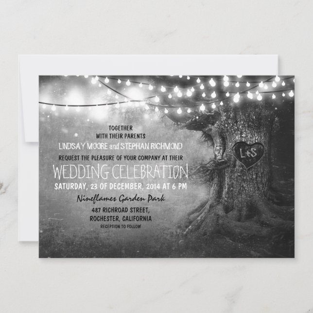 Invitation vieux arbre sculpté lumières scintillantes mariage (Devant)