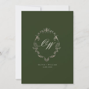 Invitation Vieux Argent Olive Vert Élégant Monogramme Mariage
