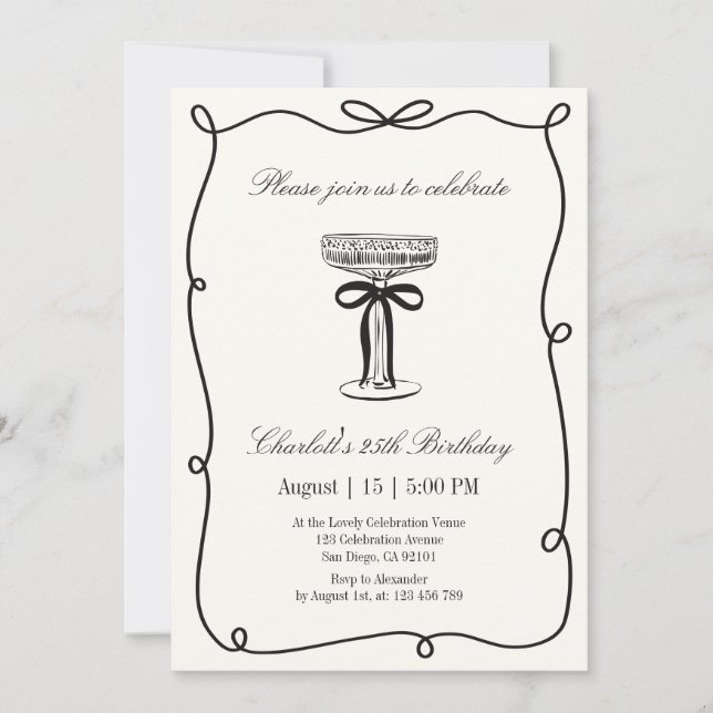 Invitation Vieux argent, Whimsical Main dessiné anniversaire (Devant)