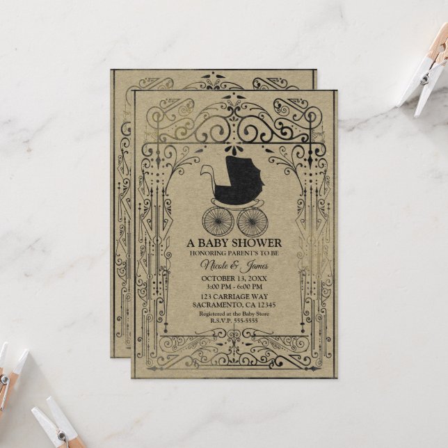 Invitation Vieux Baby shower Vintage Carriage Déco (Devant/Arrière en situation)
