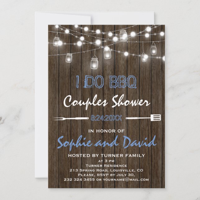 Invitation Vieux Bois Mason Jar String Lumières Couples Douch (Devant)