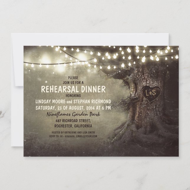 Invitation vieux chêne scintillant lumières répétition dîner (Devant)