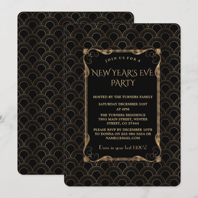 Invitation Vieux Hollywood Noir Grand Gatsby New Year Party (Devant / Derrière)