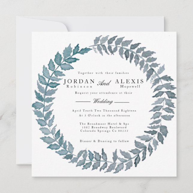 Invitation Vigne bleu acier | Mariage de couronne d'aquarelle (Devant)