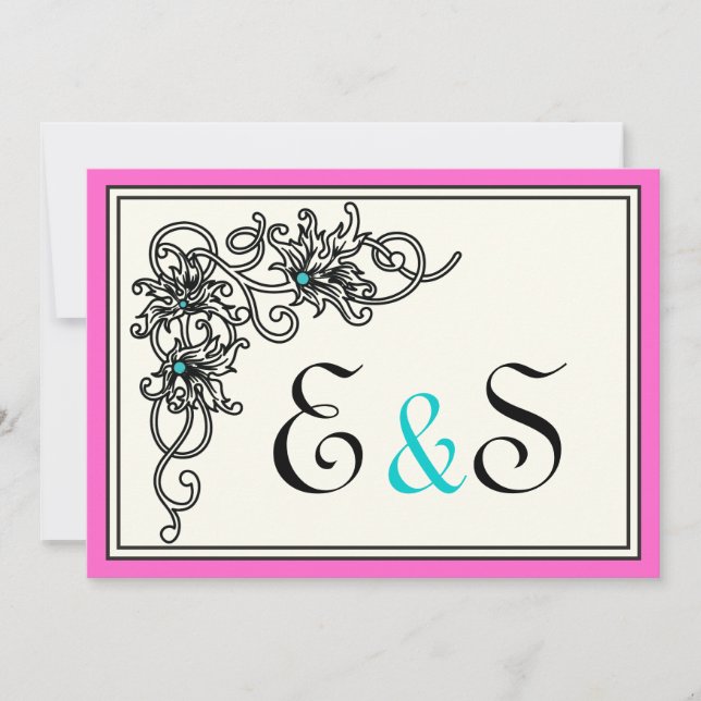 Invitation Vigne fleurie noir rose turquoise mariage (Devant)