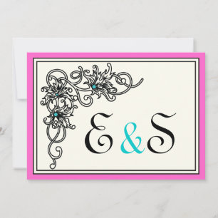 Invitation Vigne fleurie noir rose turquoise mariage