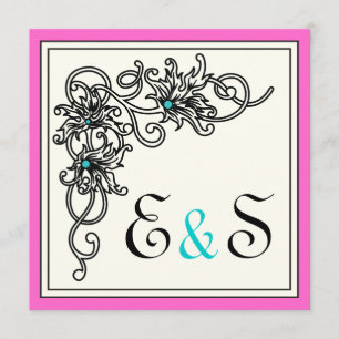 Invitation Vigne fleurie noir rose turquoise mariage