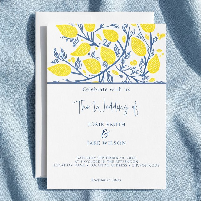 Invitation Vignes citronnées bleues et jaunes (Blue and yellow pretty lemon vines invitation.)