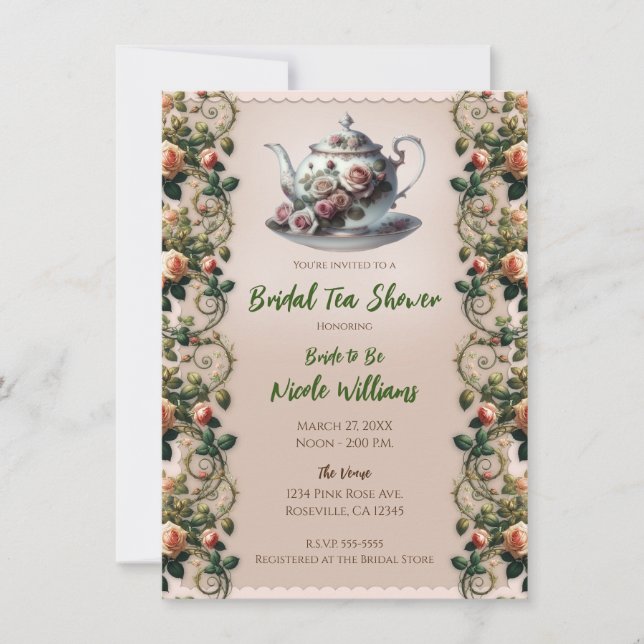 Invitation Vignes rose rose Shabby Vins Floral Thé nuptiale D (Devant)