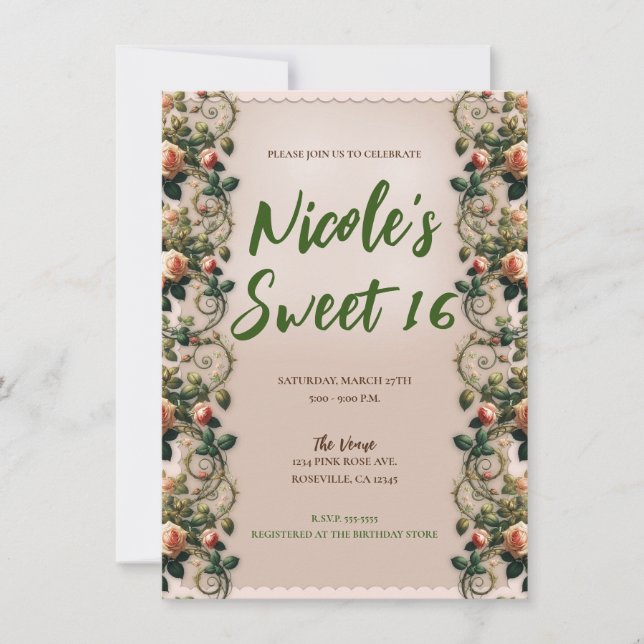 Invitation Vignes rose Shabby Floral Sweet 16 Anniversaire (Devant)