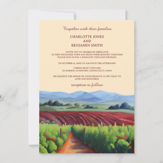 Invitation Vignoble rustique Mariage couleur vin (Devant)