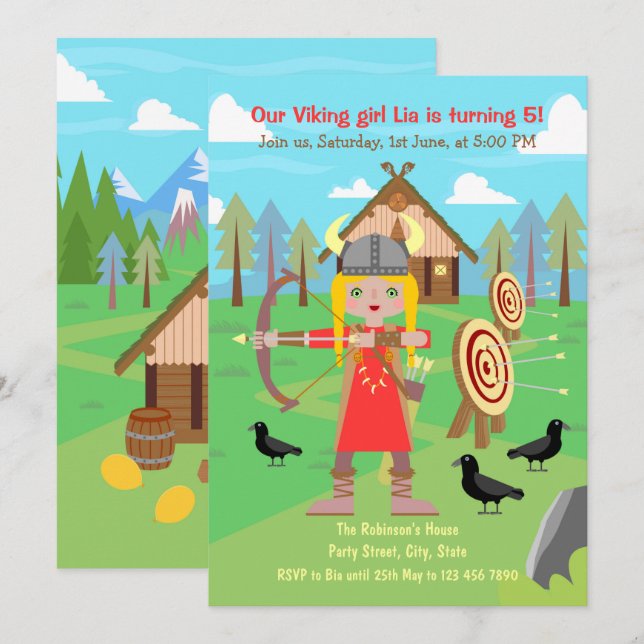Invitation Viking Girl pratiquant l'arc et la flèche Parti (Devant / Derrière)