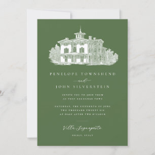 Invitation Villa italienne Illustration Mariage vert olive