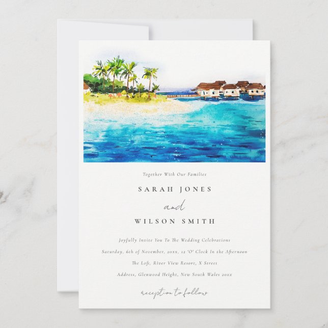 Invitation Villa Tropical Overwater Seascape Beach Mariage (Devant)