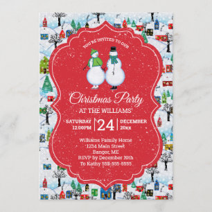 Invitation Village de Noël Snowmen Couple Skate Red