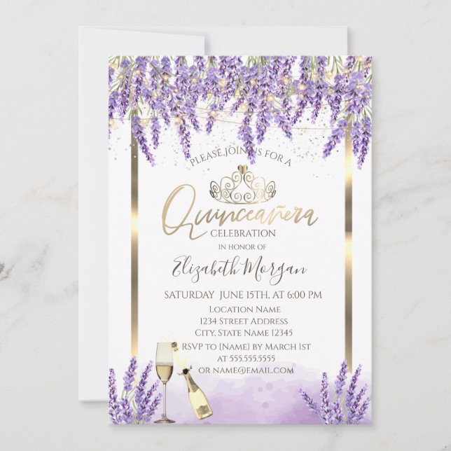 Invitation Vin à cadre Lavanda Quinceanera (Devant)